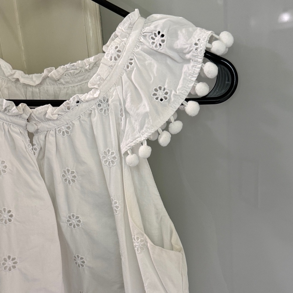 J Crew White Eyelet Pom-Pom Ruffle Sleeveless Top - Picture 4 of 5